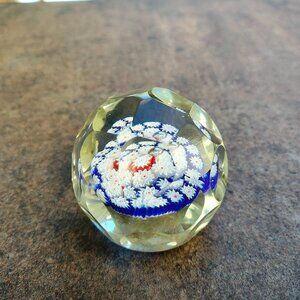 Murano Faceted Millefiori Small Paperweight Blue, White, and Red